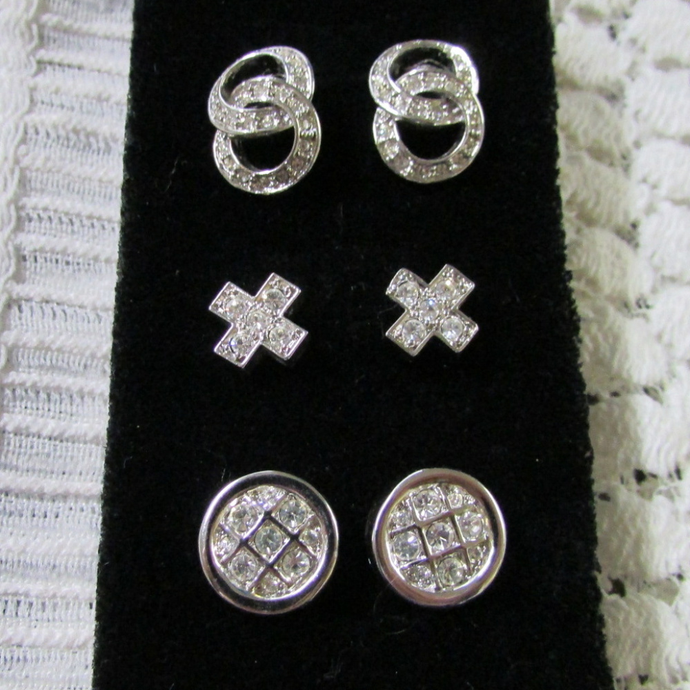 3 Pair Classic CZ Silver Pierced Earrings